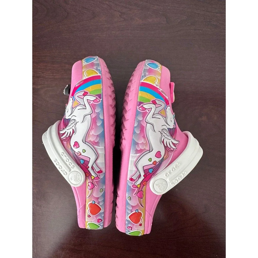 Crocs J1 Kids Pink Unicorn Rainbow Hearts Clogs Jibbitz Shoes Good Condition